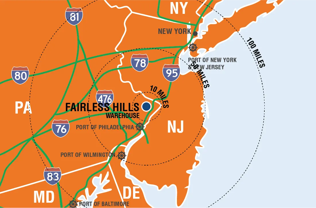 Fairless Hills Warehouse Radius Map