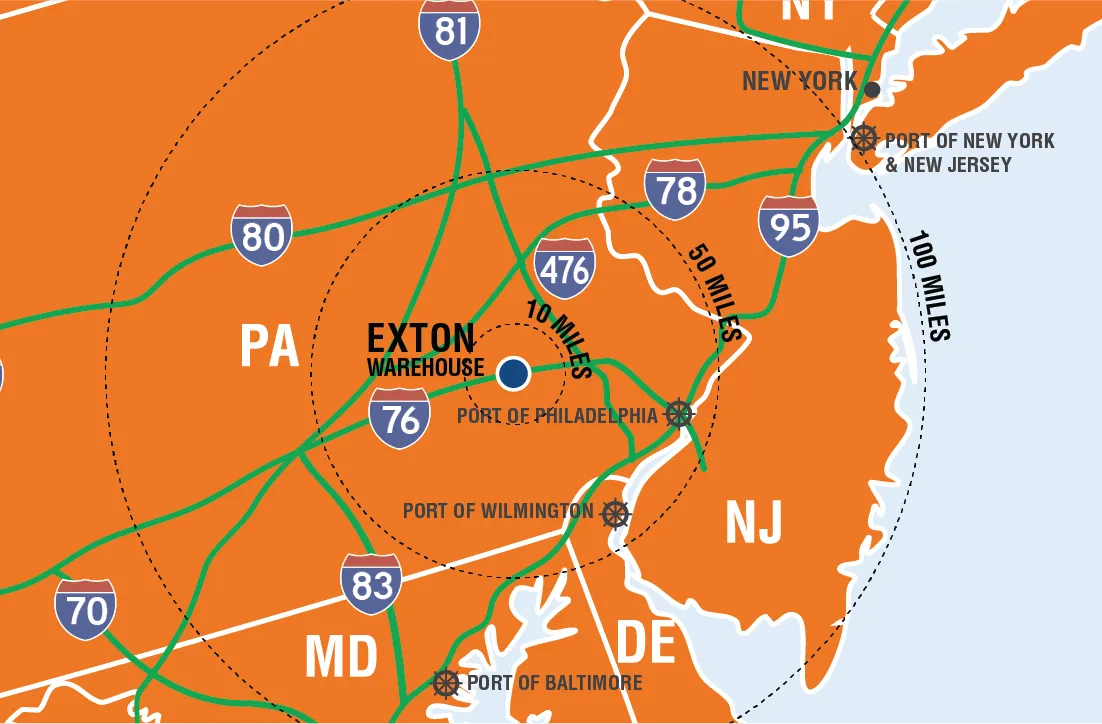 Exton Warehouse Radius Map